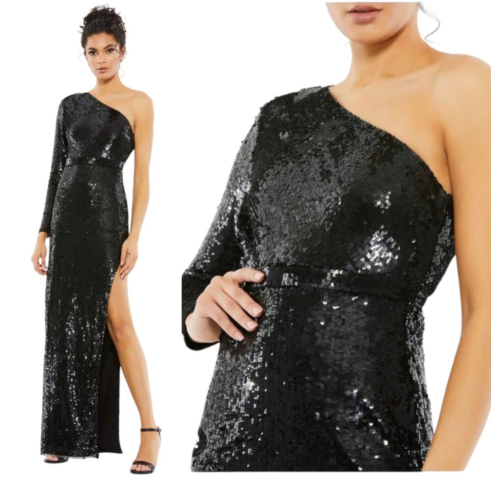 Mac Duggal 10788 Black One-Sleeve Sequin Column Evening Gown Size 0